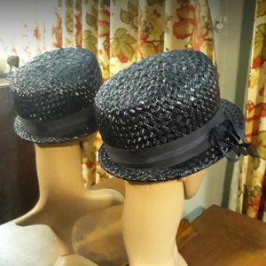Vintage black lacquered woven narrow straw "cloche" style hat